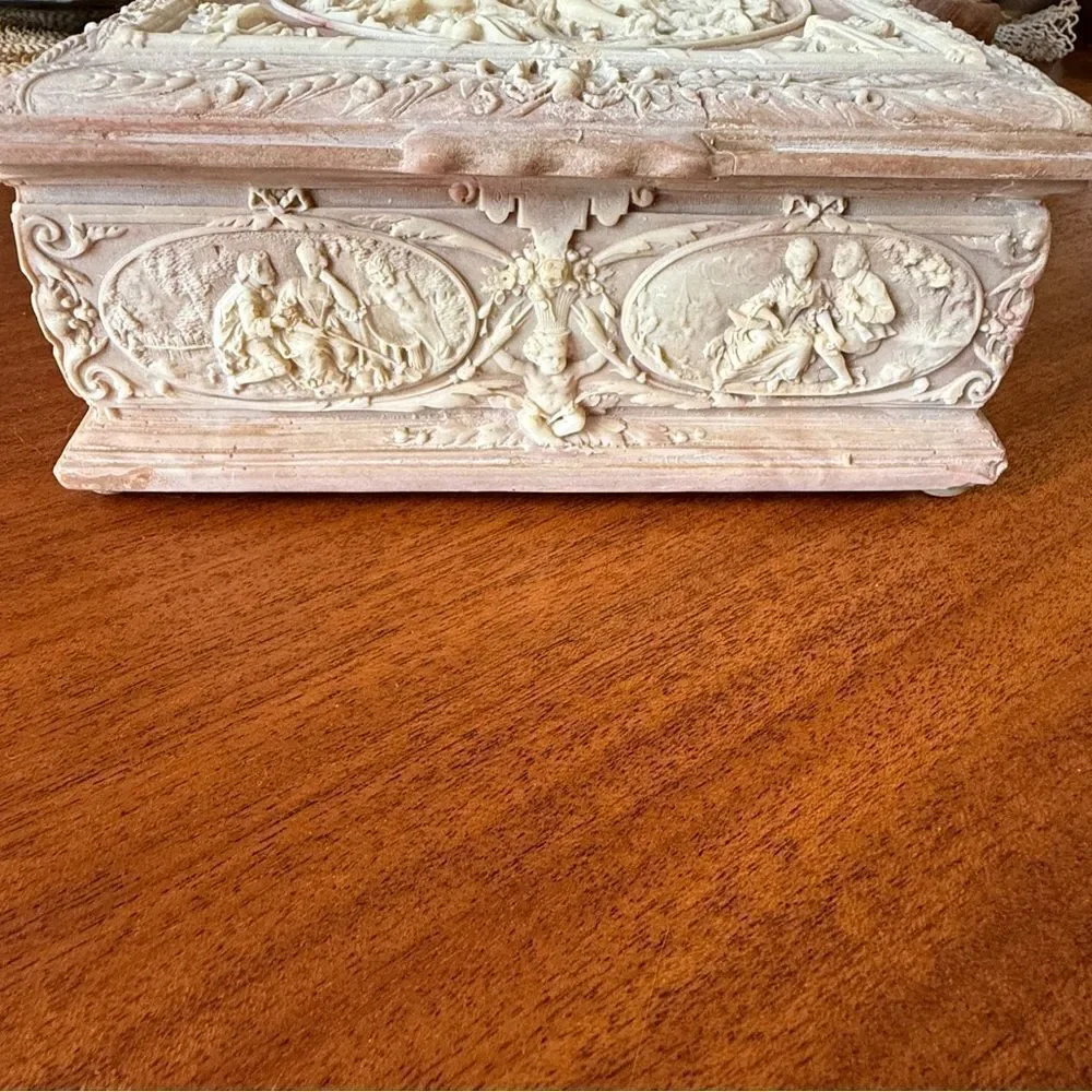 Vintage Carved Stone Incolay Victorian Jewelry Trinket Box Pink Marie Antoinette